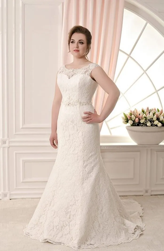 ---Simple plus size mermaid wedding dress in satin and lace featuring a boat neckline--