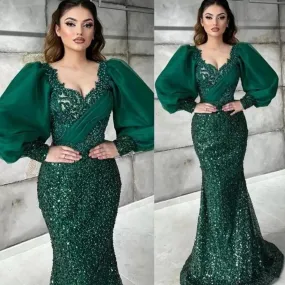 Abiti da sera verde smeraldo firmati verdi perline maniche lunghe a sbuffo sirena arabo Aso Ebi abiti da festa da notte per donn