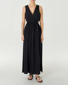 Abito lungo nero smanicato in cotone stretch con cut out sui fianchi e applicazioni in pizzo