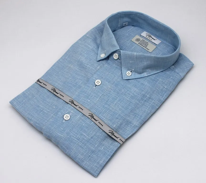 Camicia lino celeste collo button down