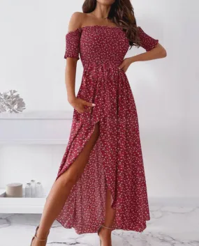 Estate Donna Boho Beach Dress Slash Neck Elastico Increspato Senza Spalline Manica Corta Split Floreale Lungo Prendisole Signore
