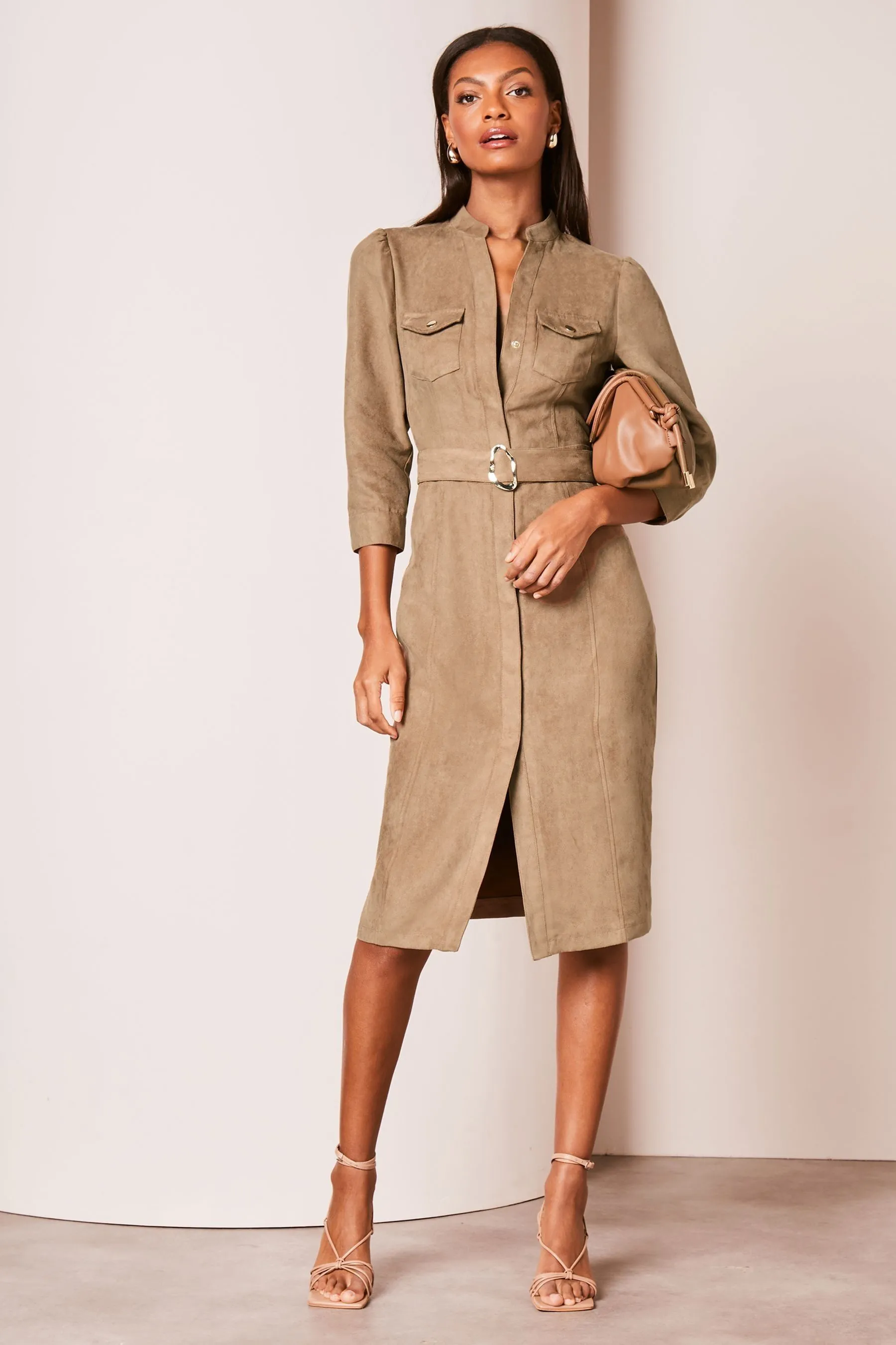 Lipsy Collarless 3/4 Sleeve Belted Shirt Dress    
