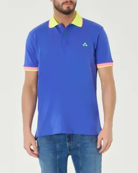 Polo blu royal mezza manica in cotone stretch con colletto e bordino su collo e maniche fluo in contrasto