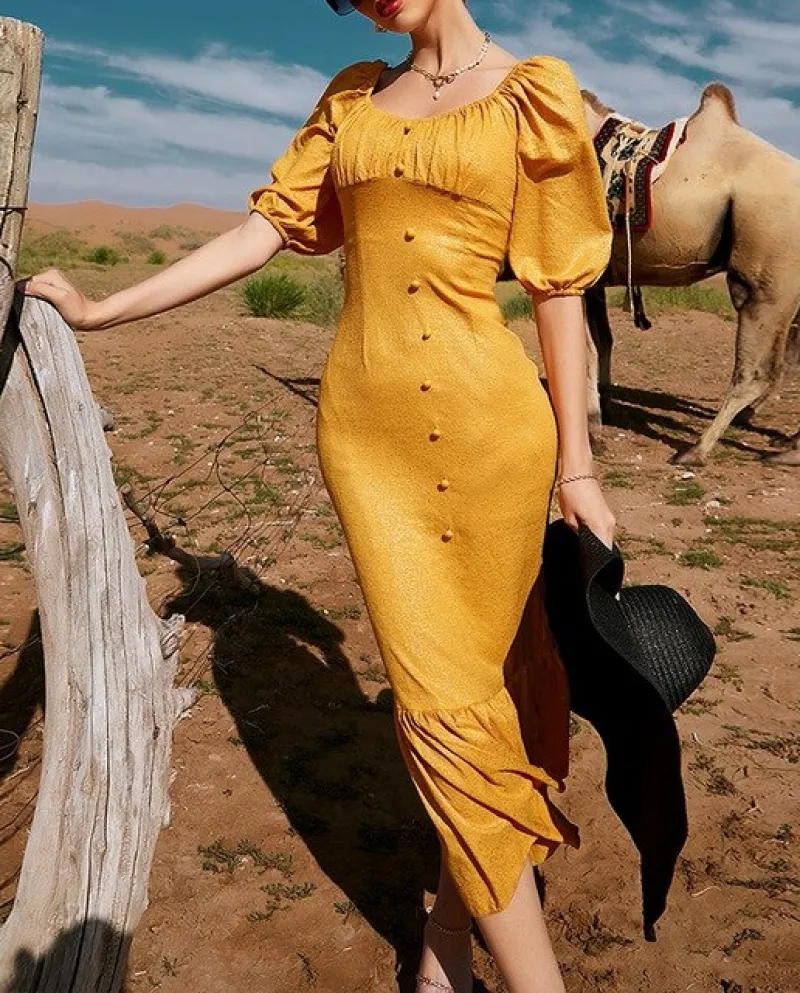 Puff Sleeve  Backless Summer Elegant Dresses For Women Solid Color Square Collar Female Wrap Dress